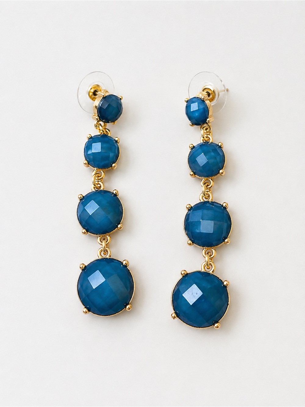 Blue Faceted Gold Tone Drop Earrings Statement Dangle Earrings‎